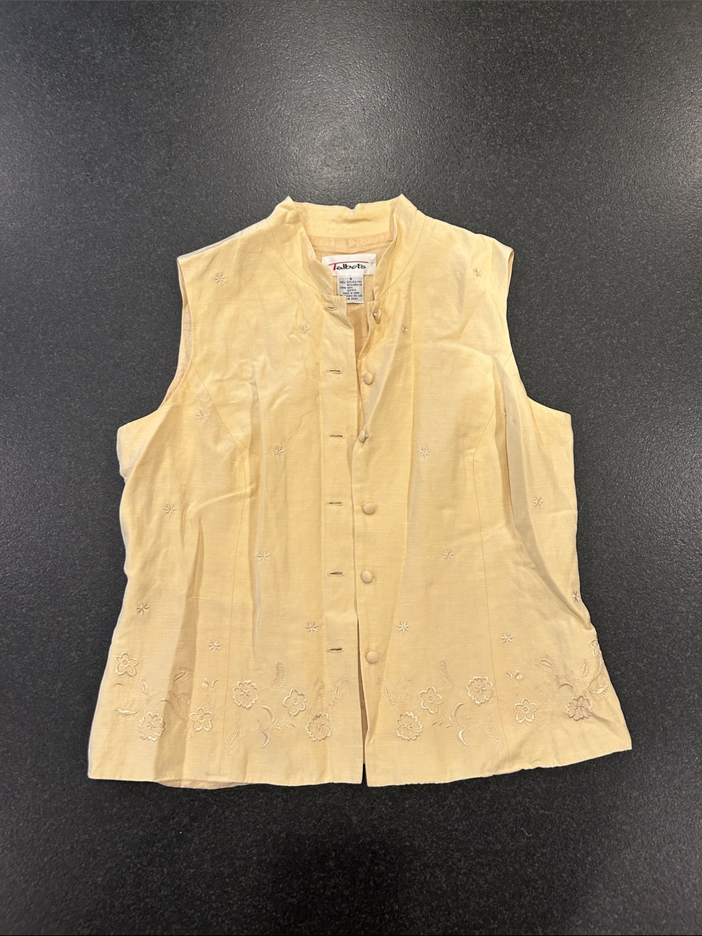 Talbots Butter Yellow Silk/Linen Button-Front Embroidered Camisole Vest Size 8